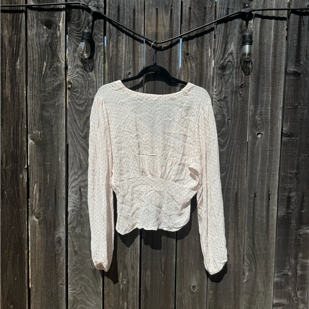 Free People White Pink Love Street Long Sleeve V Neck Polka Dot Button Up Blouse
